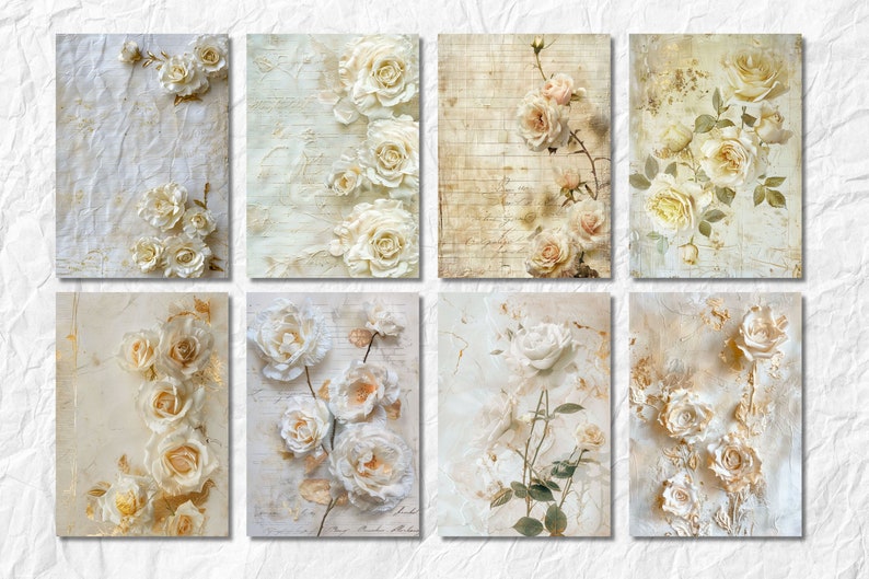 Puede incluir: Conjunto de ocho impresiones de arte imprimibles de estilo vintage con rosas blancas sobre un fondo texturizado. Las impresiones tienen un aspecto desgastado y envejecido y son perfectas para agregar un toque de elegancia a cualquier habitaci&oacute;n.