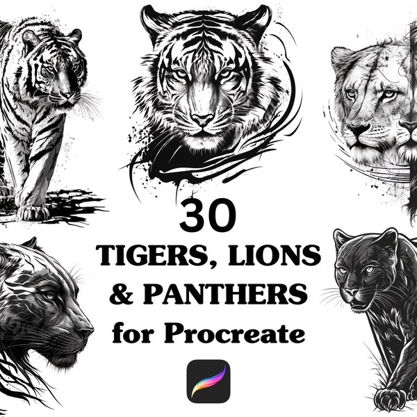 Tigers and Lions Procreate Stamp set, Procreate Stamps, Procreate Tattoo, Tattoo Stencil, Big Cats Procreate,  Procreate Brushes, tiger tatt