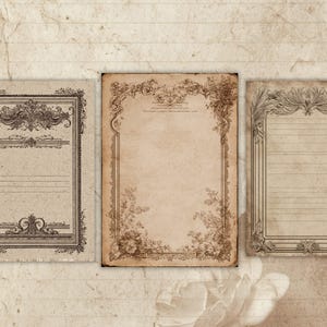 May include: Three antique-style paper sheets with ornate, dark brown borders and decorative elements. The papers have a vintage, aged appearance with lined and blank spaces, suggesting use for writing or journaling. The background is a textured, sepia-toned surface.