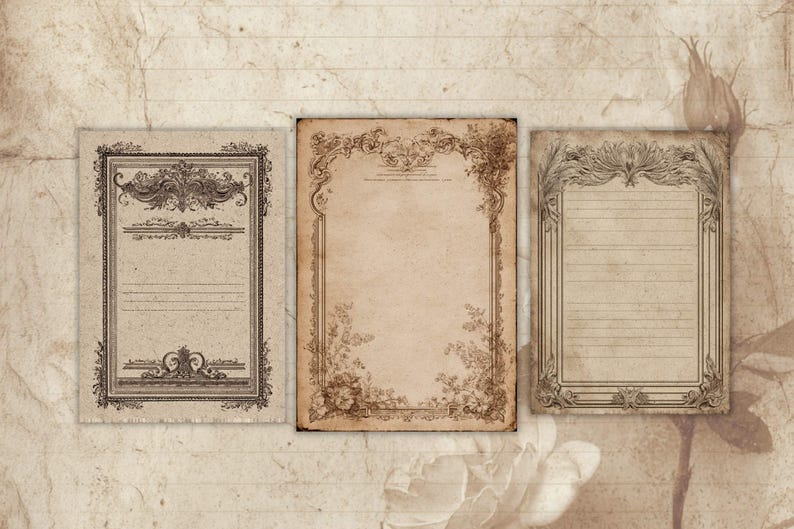 May include: Three antique-style paper sheets with ornate, dark brown borders and decorative elements. The papers have a vintage, aged appearance with lined and blank spaces, suggesting use for writing or journaling. The background is a textured, sepia-toned surface.