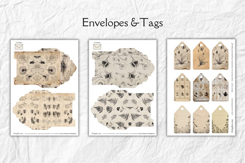 K&ouml;nnte beinhalten: Gedruckte Papierephemera mit Umschl&auml;gen und Etiketten. Die Umschl&auml;ge haben botanische und wissenschaftliche Illustrationen. Die Etiketten zeigen botanische Zeichnungen und Muster. Der Text "Envelopes & Tags" steht oben.