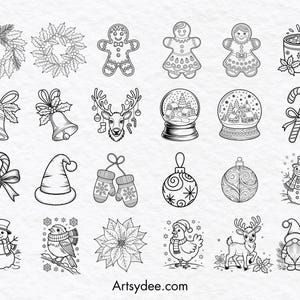 May include: Black and white line art illustrations of Christmas-themed elements. Includes wreaths, gingerbread people, snow globes, ornaments, a snowman, and a reindeer. The text "Artsydee.com" is at the bottom.
