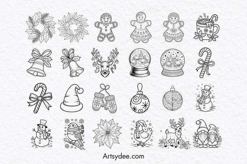 May include: Black and white line art illustrations of Christmas-themed elements. Includes wreaths, gingerbread people, snow globes, ornaments, a snowman, and a reindeer. The text "Artsydee.com" is at the bottom.