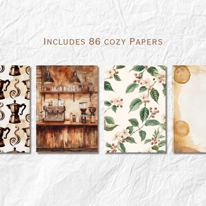 May include: A collection of four watercolor illustrations with a coffee theme. The images include a pattern of coffee makers, a coffee shop interior, floral designs, and coffee-stained paper. The text reads "Includes 86 cozy papers."