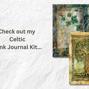 K&ouml;nnte beinhalten: Zwei keltische Journalseiten. Eine zeigt gr&uuml;nen Efeu und Text, die andere einen Baum mit keltischen Knoten. Die Seiten haben ein Vintage-Aussehen mit einem Aquarell-Effekt. Der Text auf dem Bild lautet "Check out my Celtic Junk Journal Kit..."