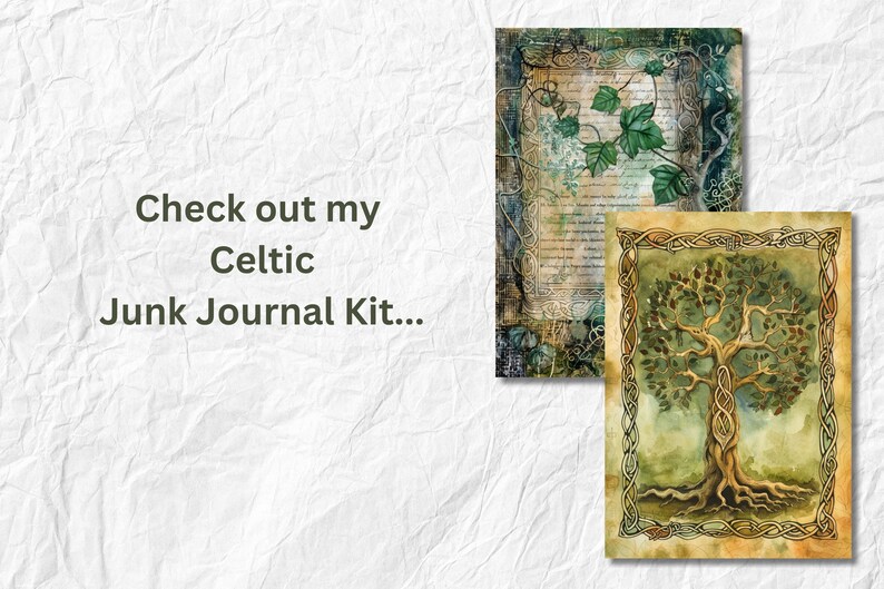 K&ouml;nnte beinhalten: Zwei keltische Journalseiten. Eine zeigt gr&uuml;nen Efeu und Text, die andere einen Baum mit keltischen Knoten. Die Seiten haben ein Vintage-Aussehen mit einem Aquarell-Effekt. Der Text auf dem Bild lautet "Check out my Celtic Junk Journal Kit..."