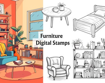 50 Furniture Digital Stamps, Furniture, Digi Stamps, Digi Stamps Backgrounds, Digital Stamps, Card Making, Scrapbooking, Coloring Page