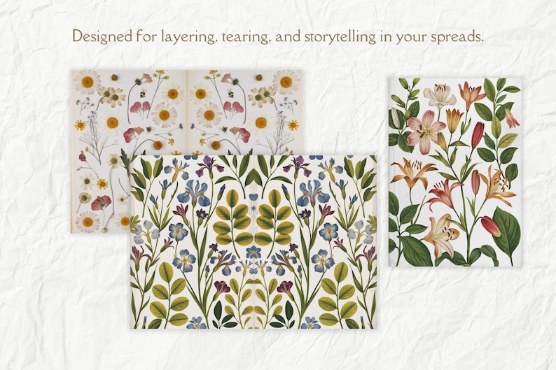 K&ouml;nnte beinhalten: Drei verschiedene Blumenmuster auf wei&szlig;em Papier. Das erste Muster zeigt gepresste Blumen in Wei&szlig;-, Rosa- und Gelbt&ouml;nen. Das zweite Muster zeigt ein sich wiederholendes Design aus blauen und violetten Blumen mit gr&uuml;nen Bl&auml;ttern. Das dritte Muster zeigt ein sich wiederholendes Design aus rosa und orangefarbenen Blumen mit gr&uuml;nen Bl&auml;ttern.