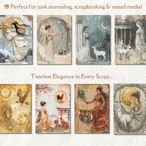 May include: A set of 10 digital collage sheets featuring illustrations of women, animals, and nature scenes. The images are in a vintage style with muted colors and a distressed look. The text "Timeless Elegance in Every Scrap..." is printed at the bottom of the sheet.
