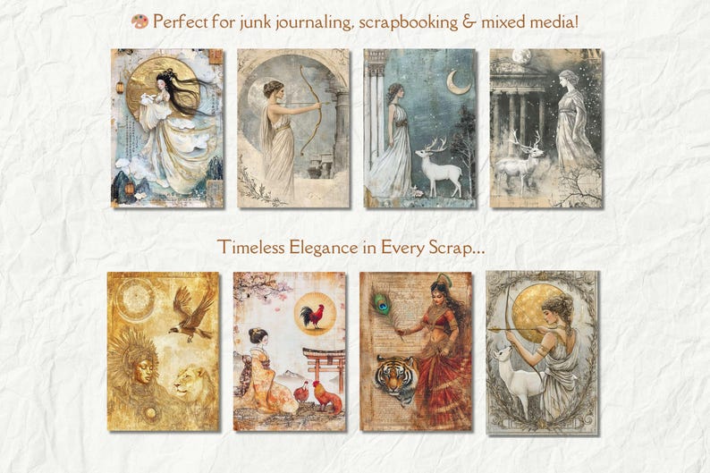 May include: A set of 10 digital collage sheets featuring illustrations of women, animals, and nature scenes. The images are in a vintage style with muted colors and a distressed look. The text "Timeless Elegance in Every Scrap..." is printed at the bottom of the sheet.