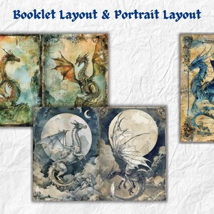 May include: Four different digital art prints featuring dragons in various poses and colors. The prints are set against a background of watercolor washes and have a vintage aesthetic. The text "Booklet Layout & Portrait Layout" is at the top of the image.