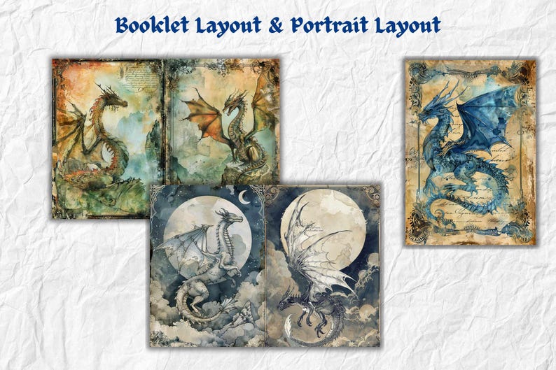 May include: Four different digital art prints featuring dragons in various poses and colors. The prints are set against a background of watercolor washes and have a vintage aesthetic. The text "Booklet Layout & Portrait Layout" is at the top of the image.