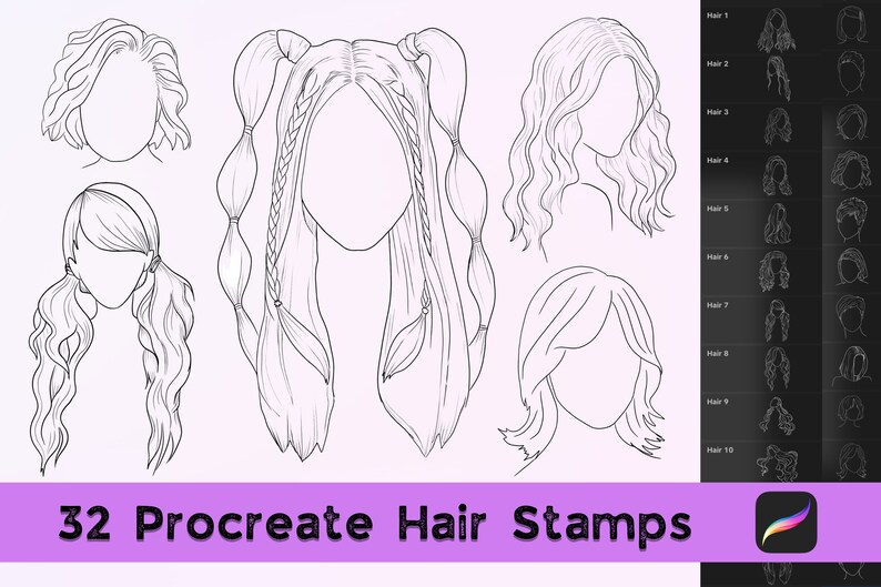 32 Procreate Hair Stamps, Procreate Hair Brushes, Procreate Wavy Hair, Procreate short hair styles & Long Hairstyles, Procreate Brushes Hair image 1