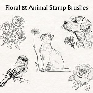 May include: Black and white line art illustrations of a rose, a cat smelling a flower, a bird on a branch, a dog, and a rose.  Floral & Animal Stamp Brushes.