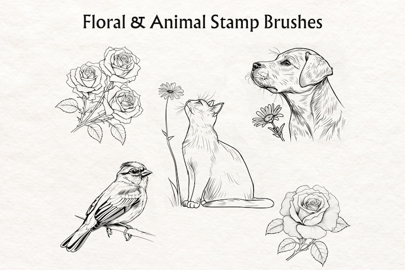 May include: Black and white line art illustrations of a rose, a cat smelling a flower, a bird on a branch, a dog, and a rose.  Floral & Animal Stamp Brushes.