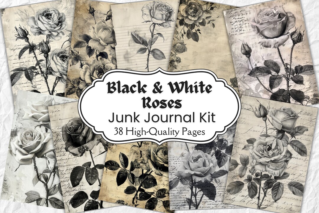 Black and White Roses Junk Journal, Junk Journal Kit, Junk Journal