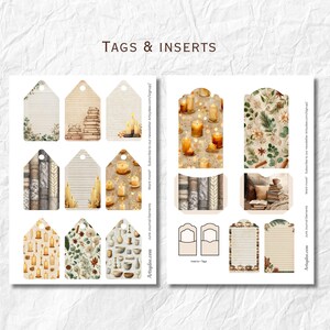 May include: A collection of printable tags and inserts with a vintage aesthetic. The tags feature illustrations of candles, books, and botanical elements. The inserts include lined pages and decorative elements, perfect for journaling and scrapbooking.