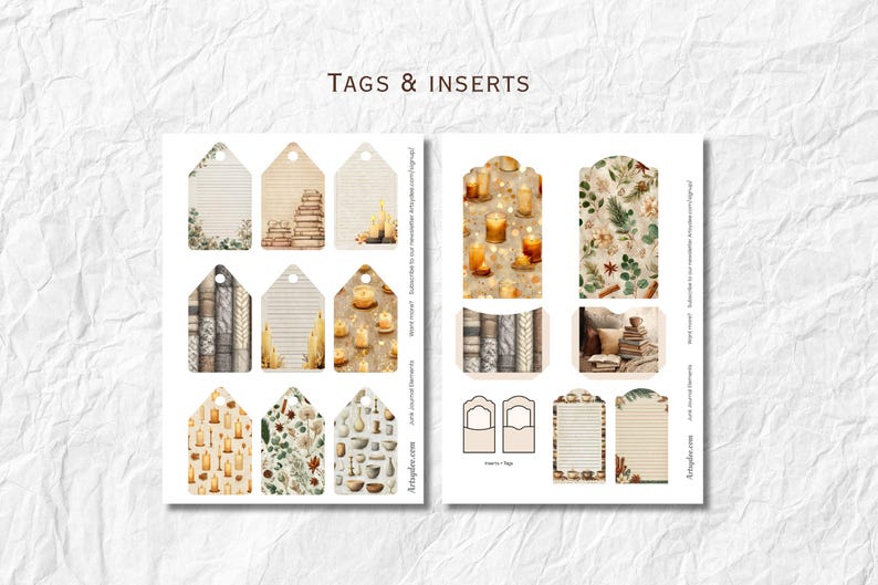 May include: A collection of printable tags and inserts with a vintage aesthetic. The tags feature illustrations of candles, books, and botanical elements. The inserts include lined pages and decorative elements, perfect for journaling and scrapbooking.