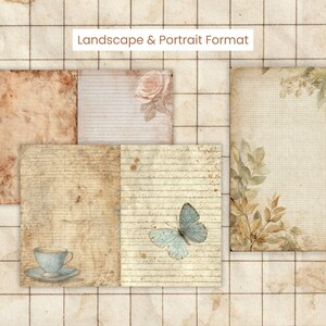 May include: A collection of vintage-style paper sheets with aged textures and decorative elements. Includes lined and blank pages, a teacup, a butterfly, and floral accents. The text "Landscape & Portrait Format" is visible.