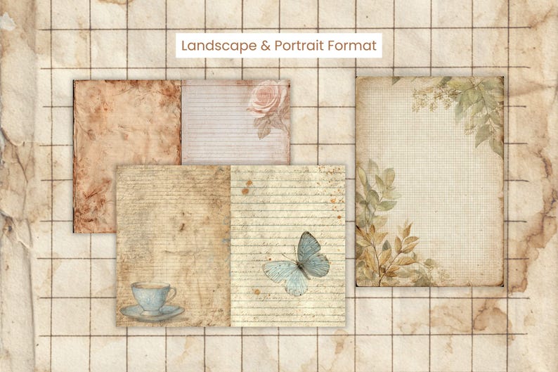May include: A collection of vintage-style paper sheets with aged textures and decorative elements. Includes lined and blank pages, a teacup, a butterfly, and floral accents. The text "Landscape & Portrait Format" is visible.