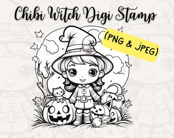 Chibi Digi Stamp, Chibi Witch, Halloween Chibi, Halloween Digi Stamp, Digi Stamps, Digital Stamps, Chibi Stamps, Coloring Page, Card Making,