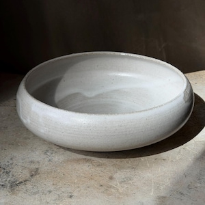 May include: A shallow, circular ceramic bowl with a matte, off-white finish. The bowl features a thick, rounded rim and a smooth, slightly speckled texture throughout the interior and exterior surfaces, showcasing a simple, functional design.