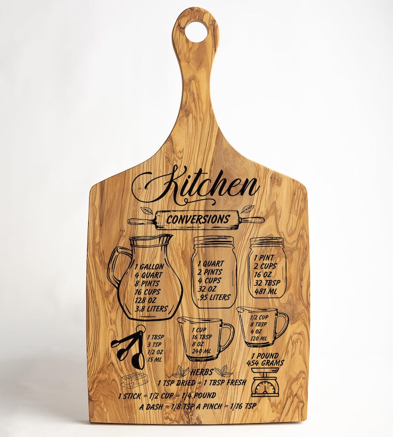 May include: Wooden kitchen conversion cutting board with a handle. The board features black text and illustrations detailing volume, weight, and herb measurements. The text includes "Kitchen Conversions" and various measurement equivalents.