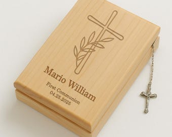 Portagioie personalizzato per la prima comunione in legno di ontano, croce incisa