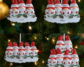 Ornamento natalizio personalizzato per la famiglia di gnomi, nomi incisi