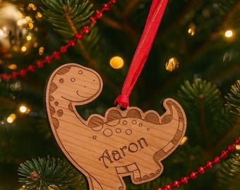 Brachiosauro, ornamento a forma di dinosauro dal collo lungo per l'albero di Natale, ornamento personalizzato per bambini inciso su legno.