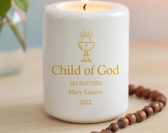 Portacandele in ceramica personalizzato, regalo per battesimo, ricordo per la comunione