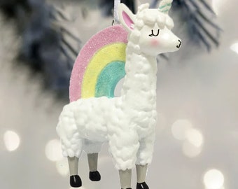 Ornamento natalizio unicorno personalizzato, dipinto a mano, decorazione arcobaleno