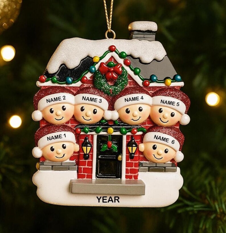 May include: A personalized Christmas ornament shaped like a house, featuring six smiling faces wearing Santa hats. The house is red brick with a snowy roof, a wreath, and string lights. The word "YEAR" is at the bottom.