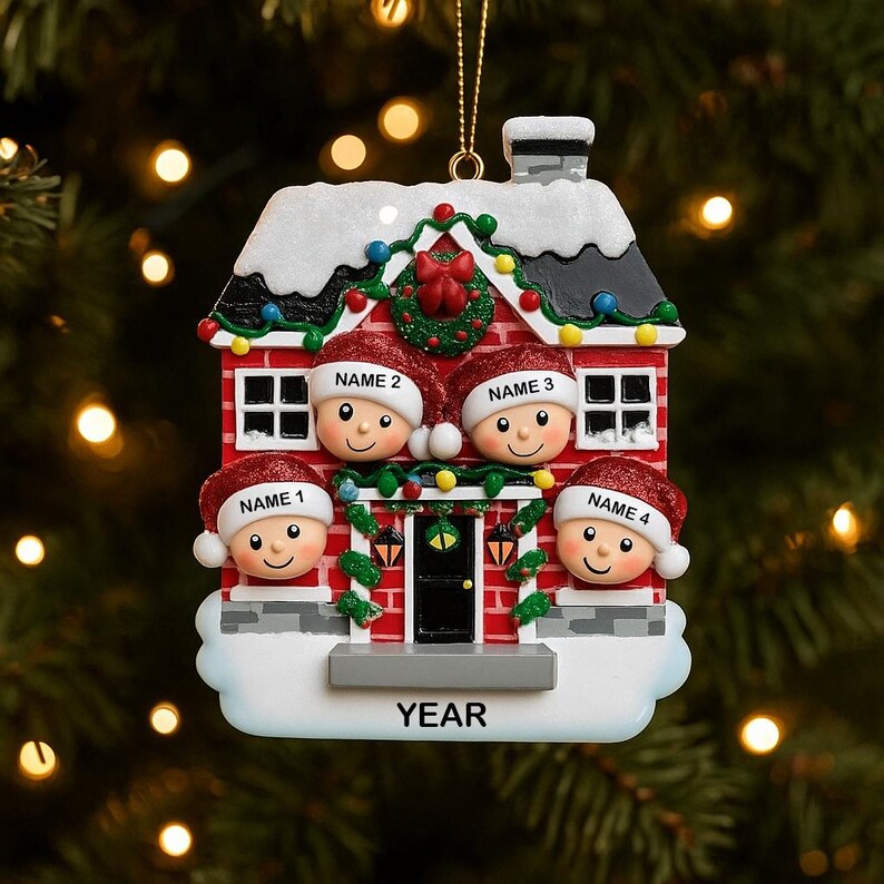 May include: A Christmas ornament shaped like a red house with four smiling faces wearing Santa hats. The house has a snowy roof, a black door, and the word "YEAR" at the bottom. Each face has a name above it.
