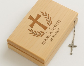 Portagioie personalizzato per la Prima Comunione, con croce religiosa incisa.