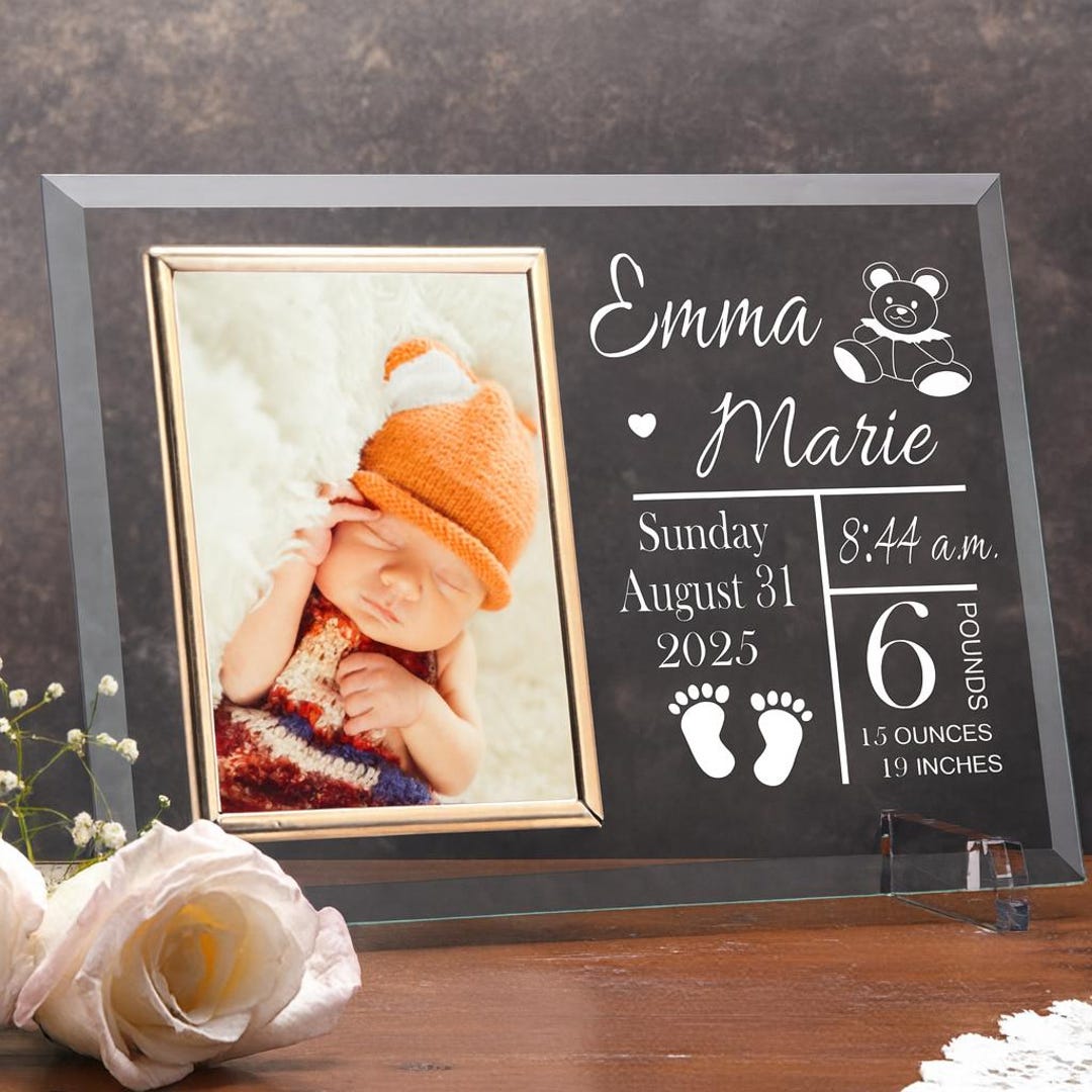 Personalized Baby Picture Frame: Brass Trimmed Glass Frame, Nursery ...