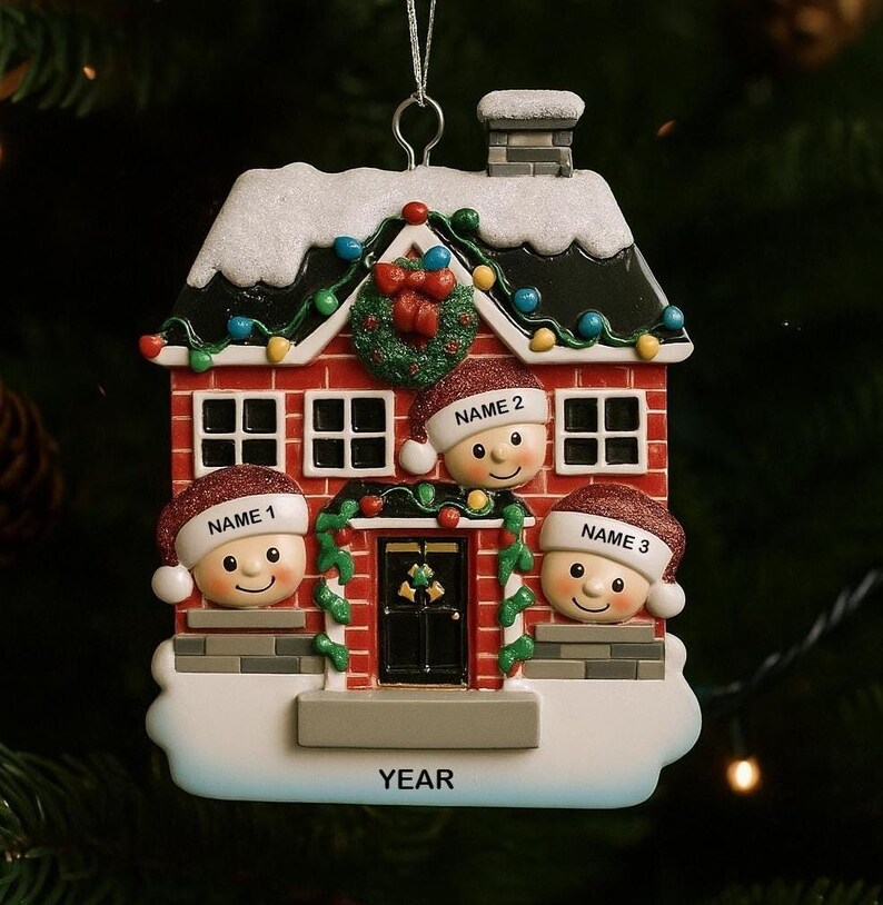 May include: A festive Christmas ornament shaped like a red brick house with three smiling faces wearing Santa hats. The house is decorated with a wreath, lights, and snow. Each face has a name label, and the base reads "YEAR".