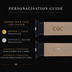May include: A personalisation guide for watch bands featuring two beige leather straps with black connectors. The top strap shows gold embossed initials CGC, and the bottom shows silver embossed initials JC. Text includes options for gold or silver.