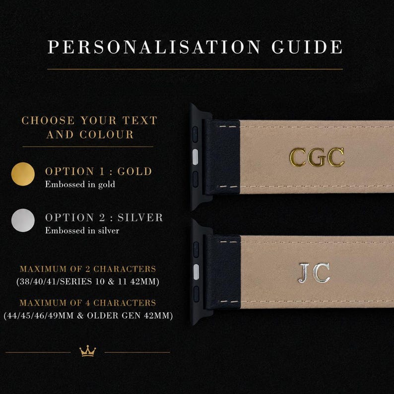 May include: A personalisation guide for watch bands featuring two beige leather straps with black connectors. The top strap shows gold embossed initials CGC, and the bottom shows silver embossed initials JC. Text includes options for gold or silver.