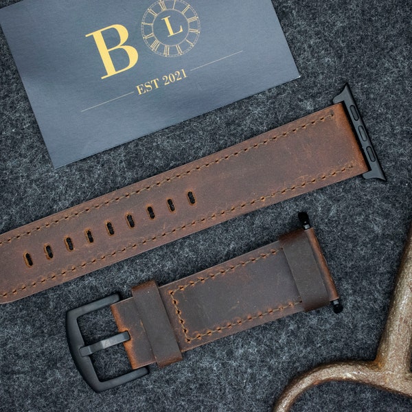 Leather Apple Watch Strap / Dark Brown / Personalised / 38mm 40mm 41mm 42mm 44mm 45mm 49mm/ Series 9 8 7 6 5 4 3 2 1 SE Ultra 1 2 / Handmade