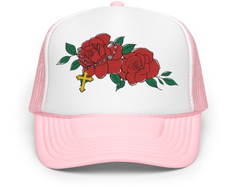 Gorra de camionero de espuma con rosa y crucifijo, gorra de béisbol cristiana