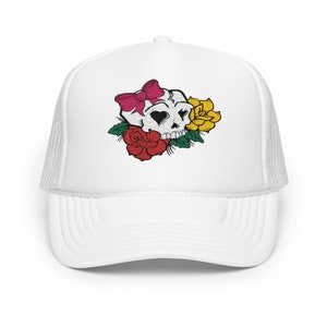 Embroidered Trucker Hat with Girly Skull Flowers, Women&#39;s Floral Cap, Stylish Snapback, Unique Design, Gift for Her