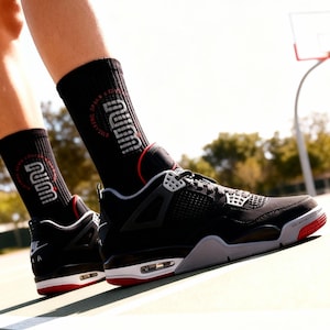 Jordan 4 Bred Inspired Black Crew Socks, Unisex Footwear