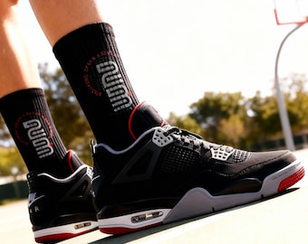 Jordan 4 Bred Inspired Black Crew Socks, Unisex Footwear