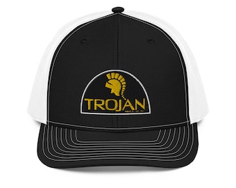 Trojan Logo Embroidered Trucker Hat, Mesh Snapback Cap, Retro Style Baseball Cap