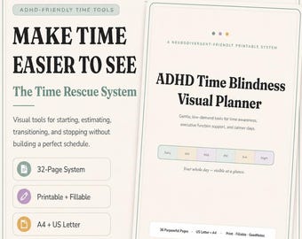 ADHD Time Blindness Toolkit, Visual Executive Function Worksheets, Printable Fillable PDF for Adults