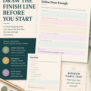 May include: A productivity planning set featuring a large worksheet titled Define Done Enough, a smaller Stop Rule checklist, and a Minimum Viable Task card. The documents include sections for task details, stopping points, and checklists in soft pastel colours.