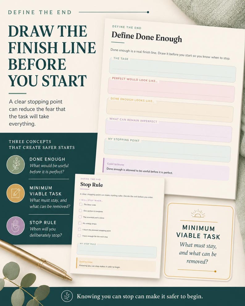 May include: A productivity planning set featuring a large worksheet titled Define Done Enough, a smaller Stop Rule checklist, and a Minimum Viable Task card. The documents include sections for task details, stopping points, and checklists in soft pastel colours.