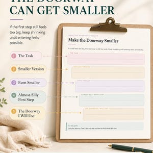 May include: A clipboard holding a worksheet titled Make the Doorway Smaller with five colour-coded sections: The Task, Smaller Version, Even Smaller, Almost-Silly First Step, and The Doorway I Will Use. Text includes The doorway can get smaller.