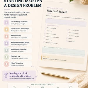 May include: A printable worksheet titled Why Can't I Start? with sections for identifying tasks and obstacles. The document includes a list of reasons why starting feels hard, a gold pen, and a footer detailing 32 pages, US Letter and A4 sizes.